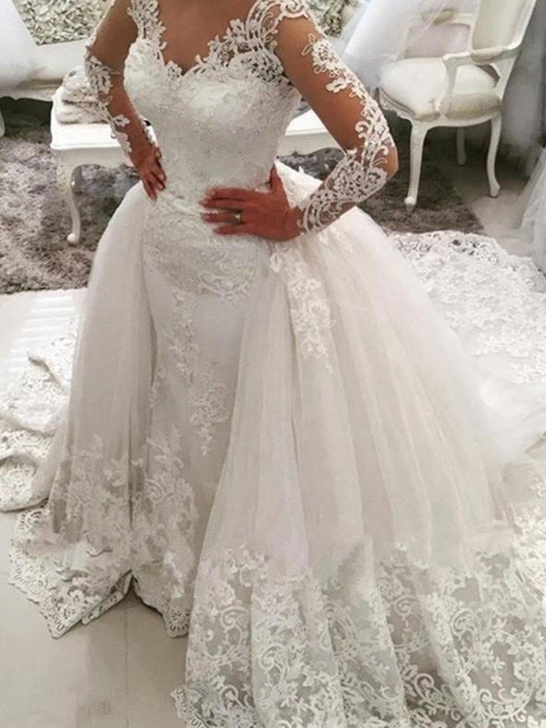 Cathedral Long Train Lace Ball Applique V-neck Gown Sleeves Tulle Wedding Dresses