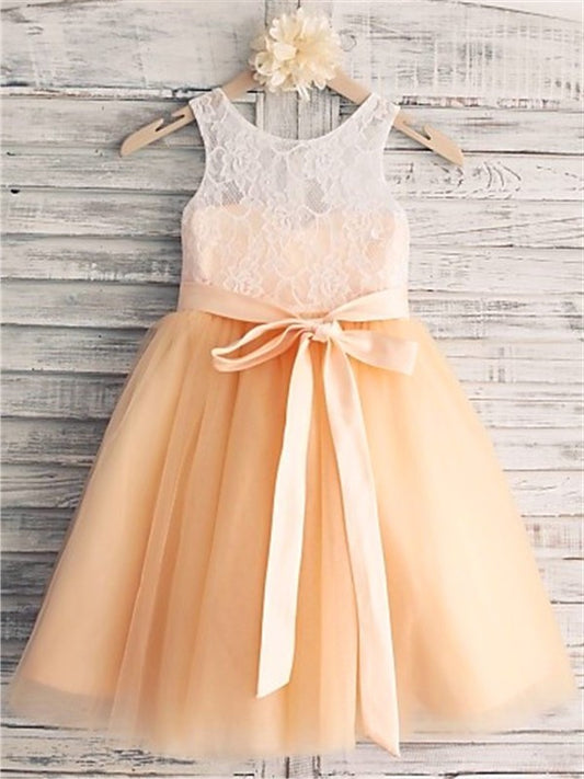 Scoop Tulle Sash/Ribbon/Belt A-line/Princess Tea-Length Sleeveless Flower Girl Dresses