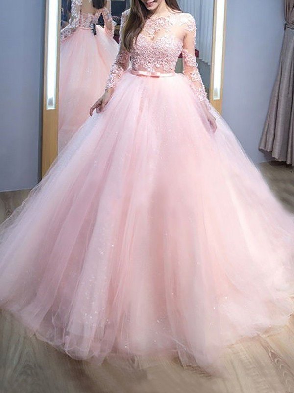 Long Sleeves Ball Jewel Train Sweep/Brush Gown Lace Tulle Dresses