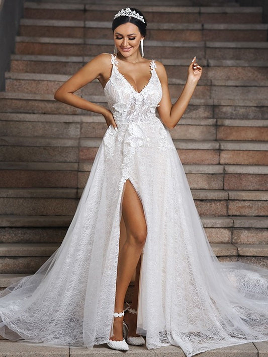 Sleeveless Sweep/Brush A-Line/Princess Applique Lace V-neck Train Wedding Dresses