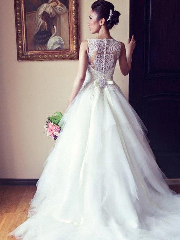 Lace Beading Train Scoop Sleeveless Applique Sash/Ribbon/Belt A-Line/Princess Chapel Tulle Wedding Dresses