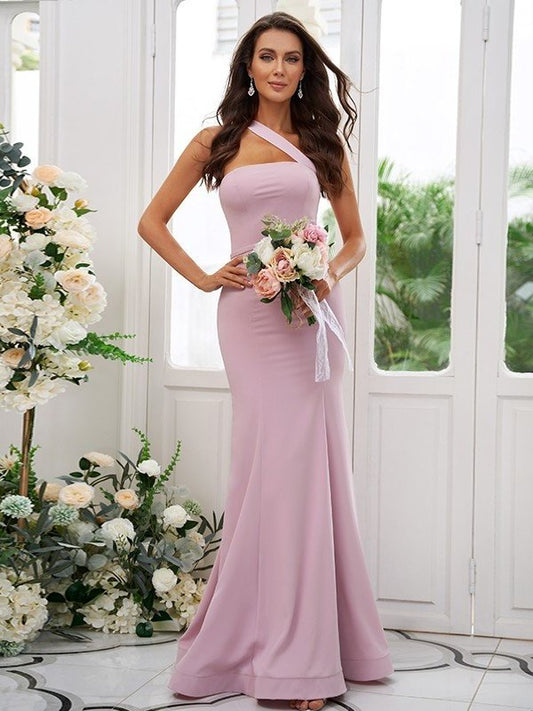 Sheath/Column Sleeveless Crepe One-Shoulder Stretch Ruffles Floor-Length Bridesmaid Dresses