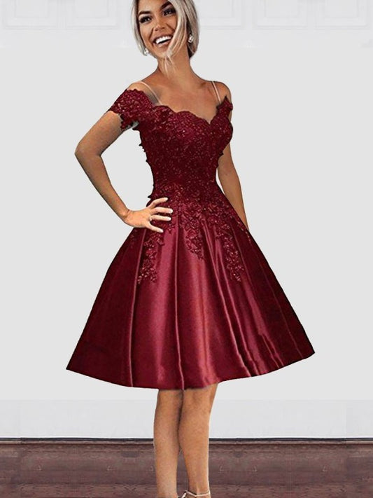 Off-the-Shoulder Cut Applique Satin A-Line With Short Burgundy Homecoming Dresses
