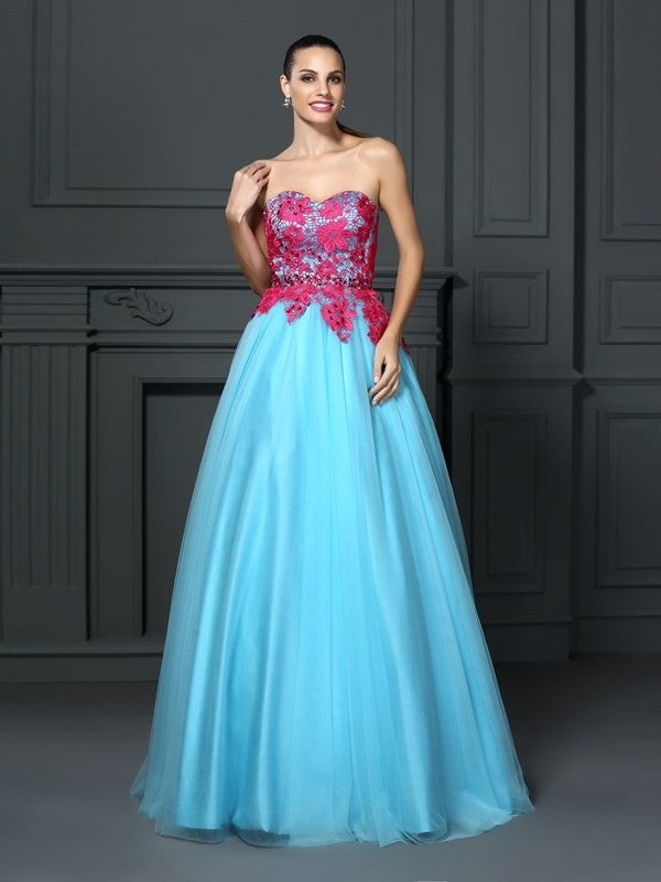 Sleeveless Gown Ball Lace Sweetheart Long Satin Quinceanera Dresses