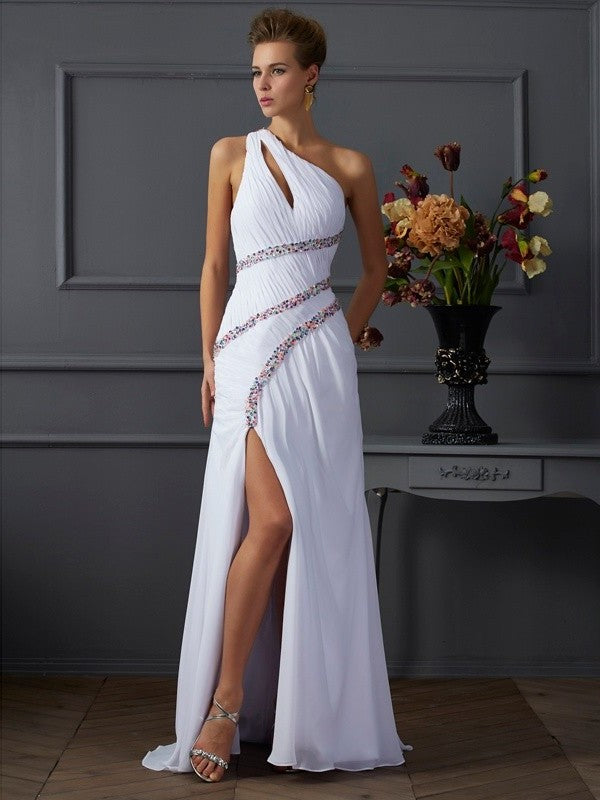 Sheath/Column Sleeveless One-Shoulder Beading Long Chiffon Dresses