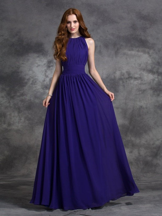 Sleeveless Long A-line/Princess Ruched Jewel Chiffon Bridesmaid Dresses