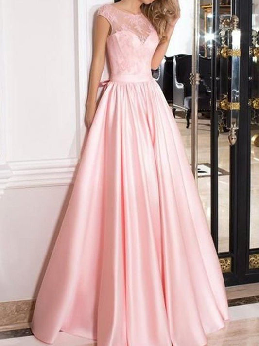 Sheer Floor-Length Neck Sleeveless A-Line/Princess Lace Satin Dresses