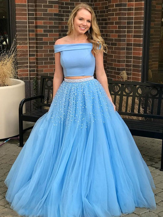 Sleeveless Tulle Off-the-Shoulder Beading A-Line/Princess Train Sweep/Brush Two Piece Dresses