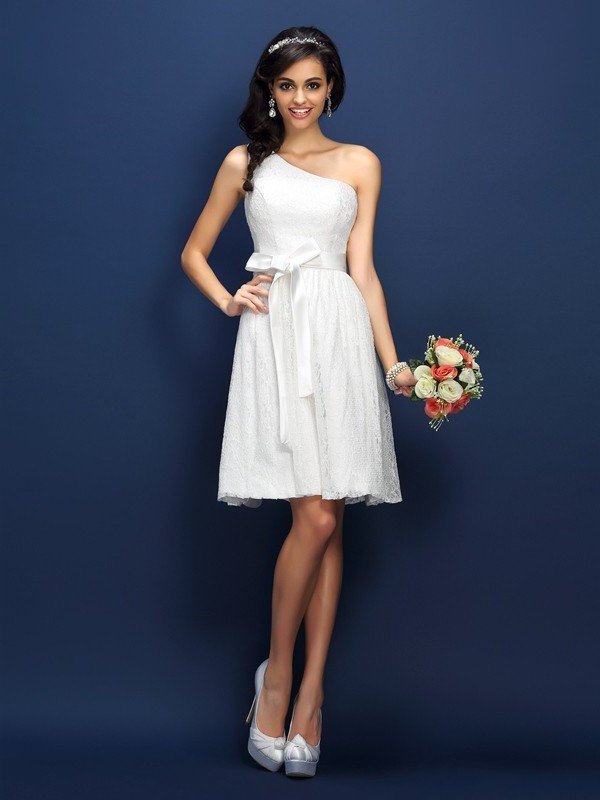 One-Shoulder Sleeveless A-Line/Princess Lace Short Lace Bridesmaid Dresses