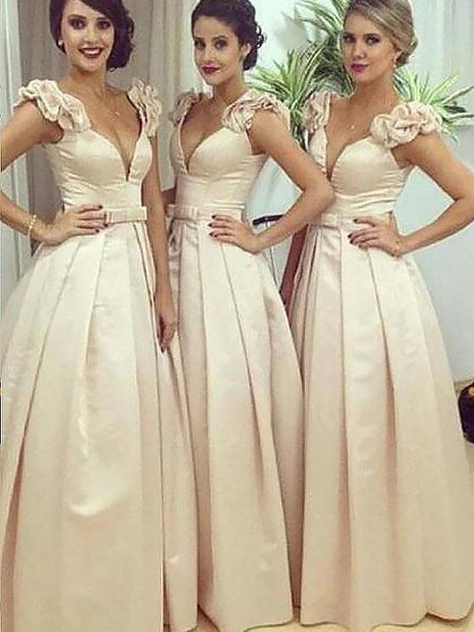 Sleeveless Satin Floor-Length A-Line/Princess Straps Bridesmaid Dresses