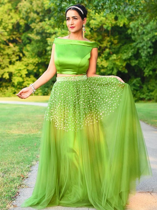 Sleeveless Floor-Length A-Line/Princess Tulle Beading Off-the-Shoulder Two Piece Dresses