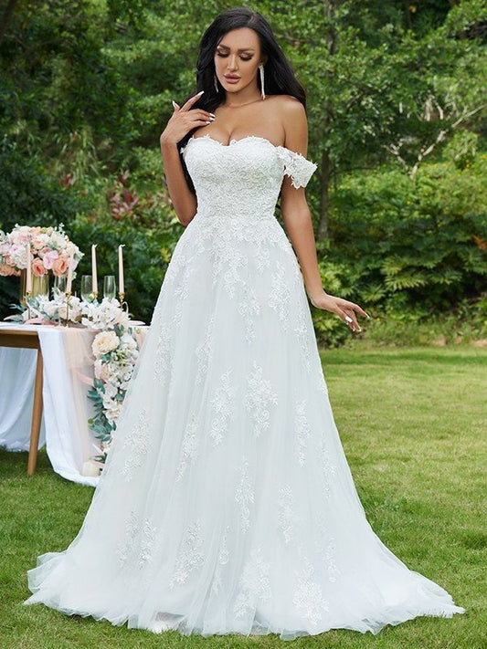 Sleeveless Applique Off-the-Shoulder Sweep/Brush A-Line/Princess Lace Train Wedding Dresses