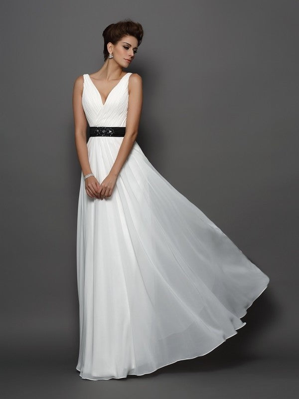 Sash/Ribbon/Belt A-Line/Princess Sleeveless V-neck Long Chiffon Wedding Dresses