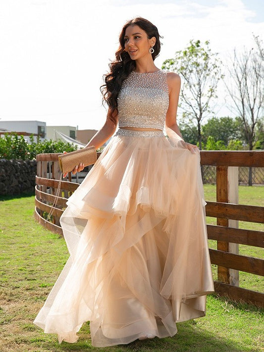 Tulle A-Line/Princess Scoop Floor-Length Beading Sleeveless Two Piece Dresses
