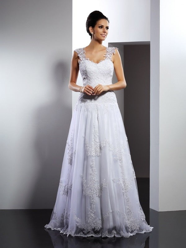 Sleeveless A-Line/Princess Straps Long Applique Lace Wedding Dresses