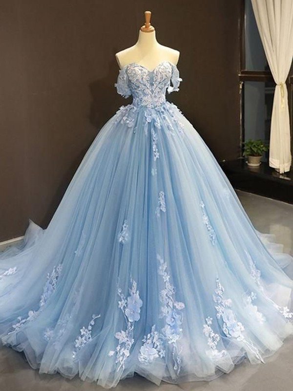 Applique Off-the-Shoulder Ball Sleeveless Gown Tulle Sweep/Brush Train Dresses