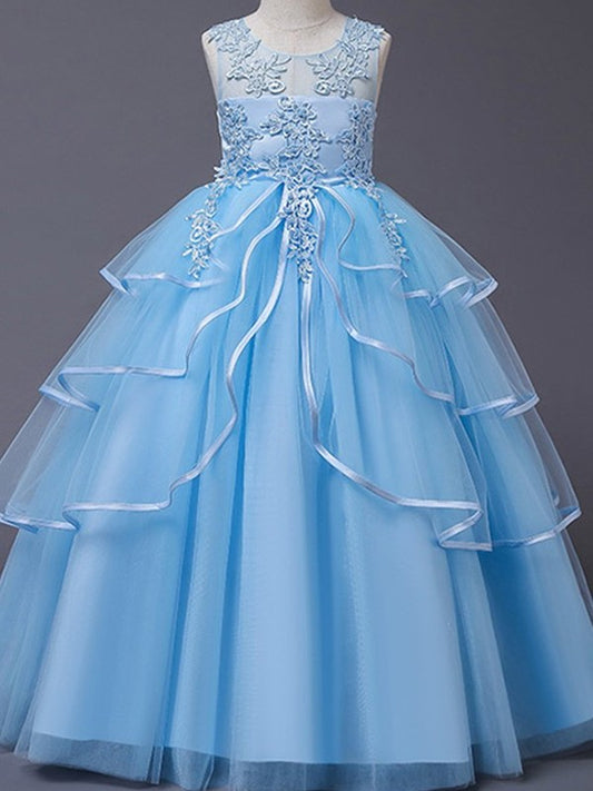 A-Line/Princess Tulle Scoop Floor-Length Applique Sleeveless Flower Girl Dresses