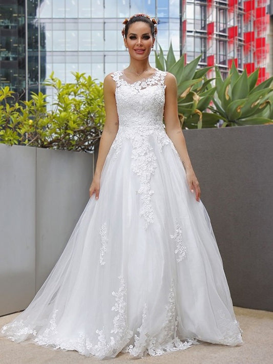 A-Line/Princess Scoop Lace Tulle Sleeveless Sweep/Brush Train Wedding Dresses