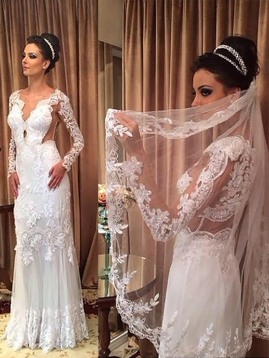 Tulle Sheath/Column V-neck Sleeves Long Floor-Length Wedding Dresses