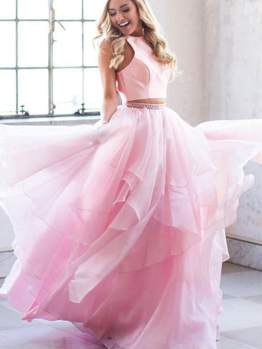 Tulle A-Line/Princess Beading Scoop Sleeveless Floor-Length Two Piece Dresses