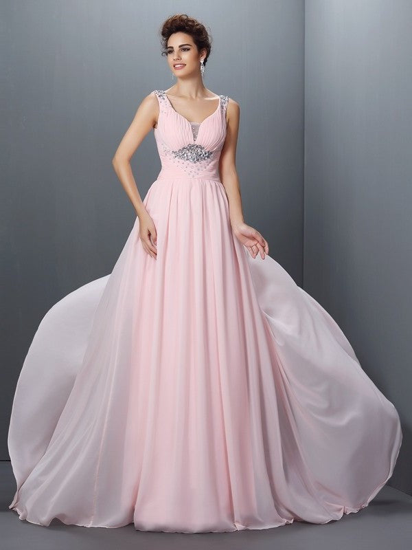 Sleeveless A-Line/Princess Beading Straps Long Chiffon Dresses