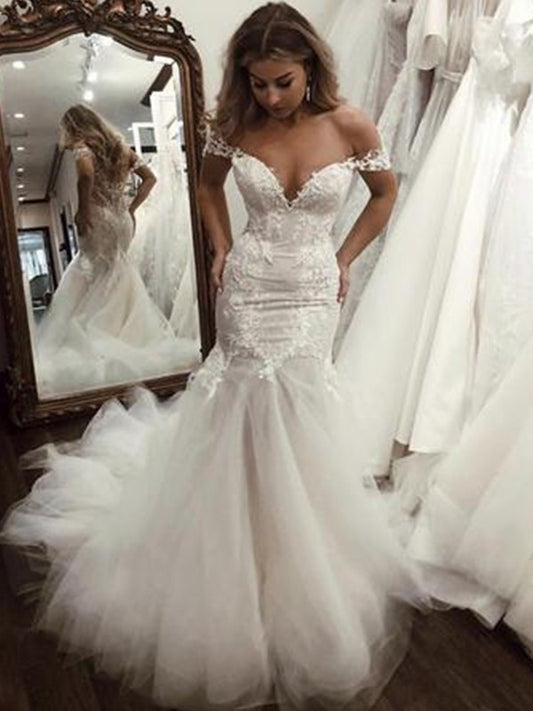 Tulle Trumpet/Mermaid Applique Off-the-Shoulder Sleeveless Sweep/Brush Train Wedding Dresses