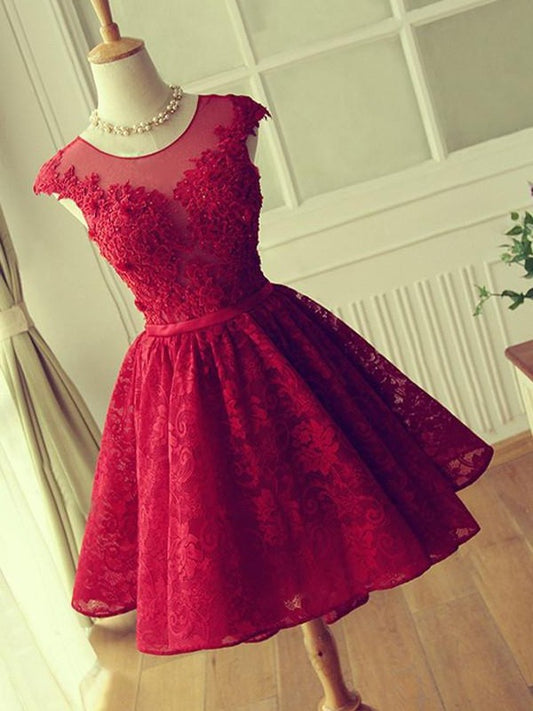 Cut Short Applique With A-Line Lace Jewel Red Homecoming Dresses