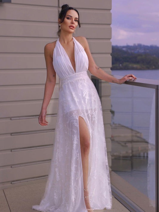 A-Line/Princess Sleeveless Lace Ruched Halter Floor-Length Wedding Dresses