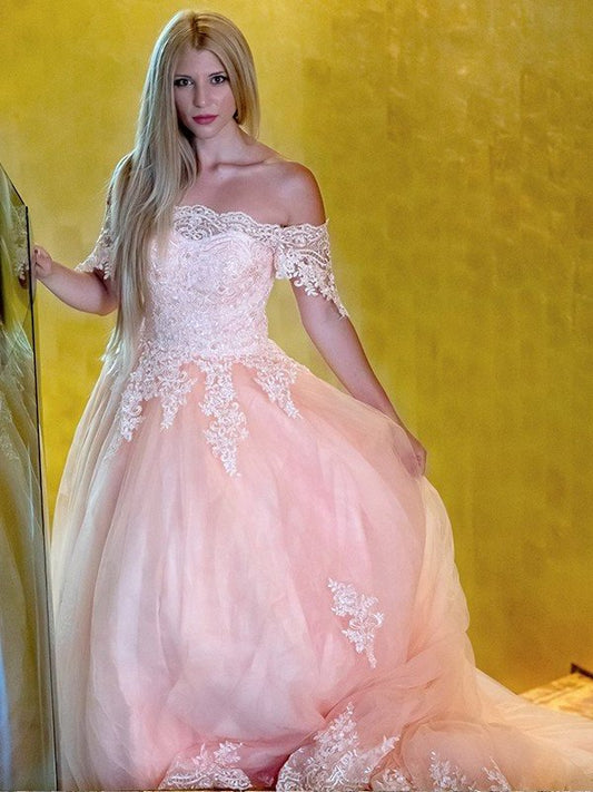 Ball Lace Gown Sleeveless Tulle Off-the-Shoulder Court Train Dresses