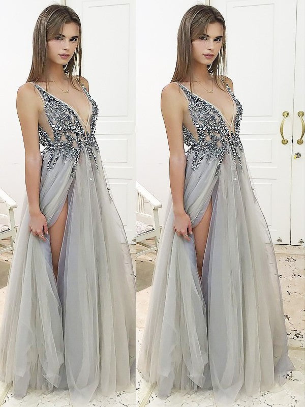 V-Neck Sleeveless Floor-Length A-Line/Princess Beading Tulle Dresses