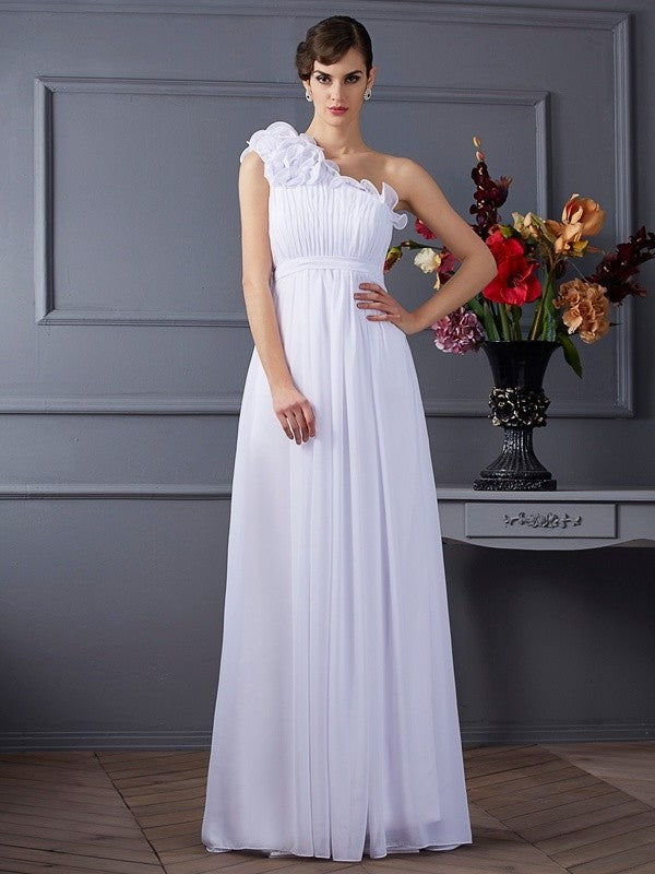 Applique A-Line/Princess One-Shoulder Sleeveless Pleats Long Chiffon Dresses