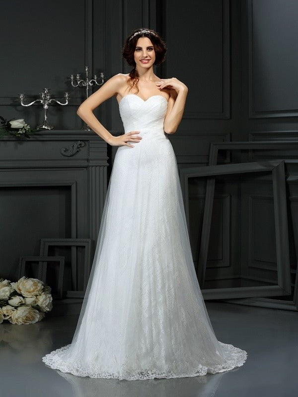 Pleats Long Sleeveless Sweetheart A-Line/Princess Net Wedding Dresses