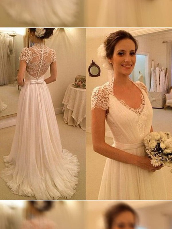 V-neck Train Sweep/Brush Sleeveless A-Line/Princess Lace Chiffon Wedding Dresses