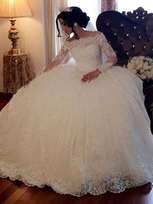 Sleeves Bateau Ball Floor-Length Long Gown Lace Wedding Dresses