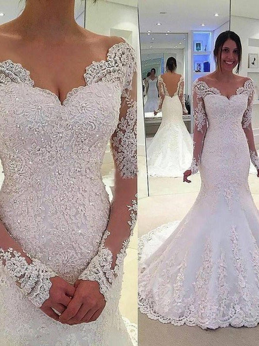 Lace Trumpet/Mermaid Sleeves Long Court Train V-neck Tulle Wedding Dresses