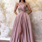 A-Line/Princess Satin Ruched One-Shoulder Sleeveless Sweep/Brush Train Dresses