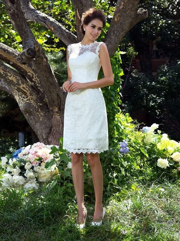 Neck Applique Sheer A-Line/Princess Short Sleeveless Satin Wedding Dresses
