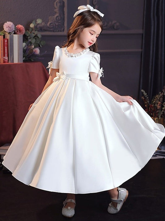A-Line/Princess Short Bowknot Tea-Length Sleeves Satin Jewel Flower Girl Dresses