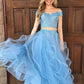 Tulle Off-the-Shoulder Floor-Length Sleeveless Applique A-Line/Princess Two Piece Dresses