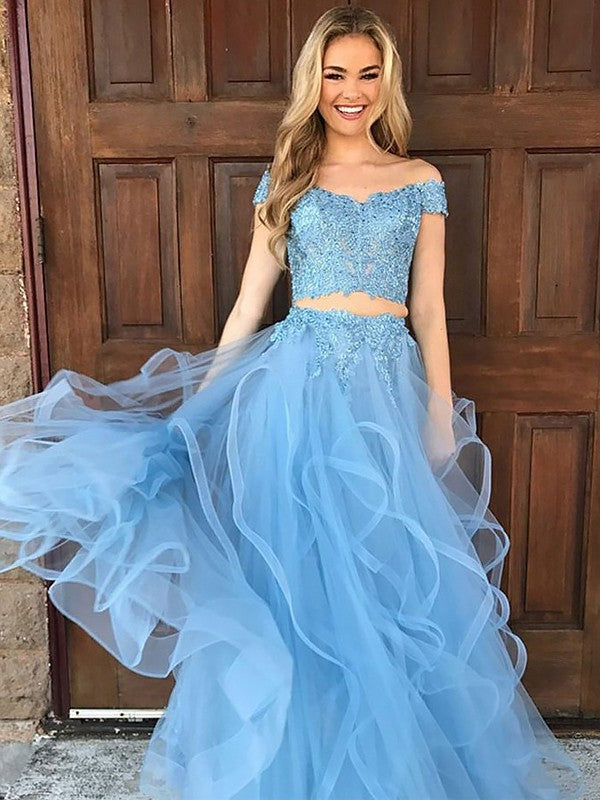 Tulle Off-the-Shoulder Floor-Length Sleeveless Applique A-Line/Princess Two Piece Dresses