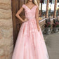 A-Line/Princess Floor-Length V-Neck Sleeveless Applique Tulle Dresses