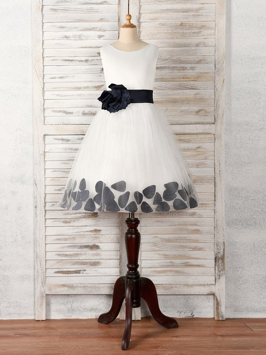Tulle Sleeveless Flower Hand-Made Scoop A-Line/Princess Tea-Length Flower Girl Dresses