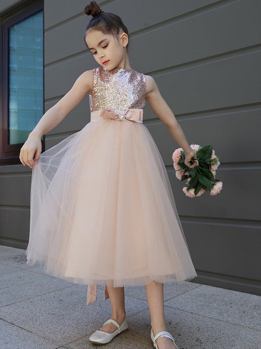 Sleeveless Tulle A-Line/Princess Scoop Bowknot Tea-Length Flower Girl Dresses