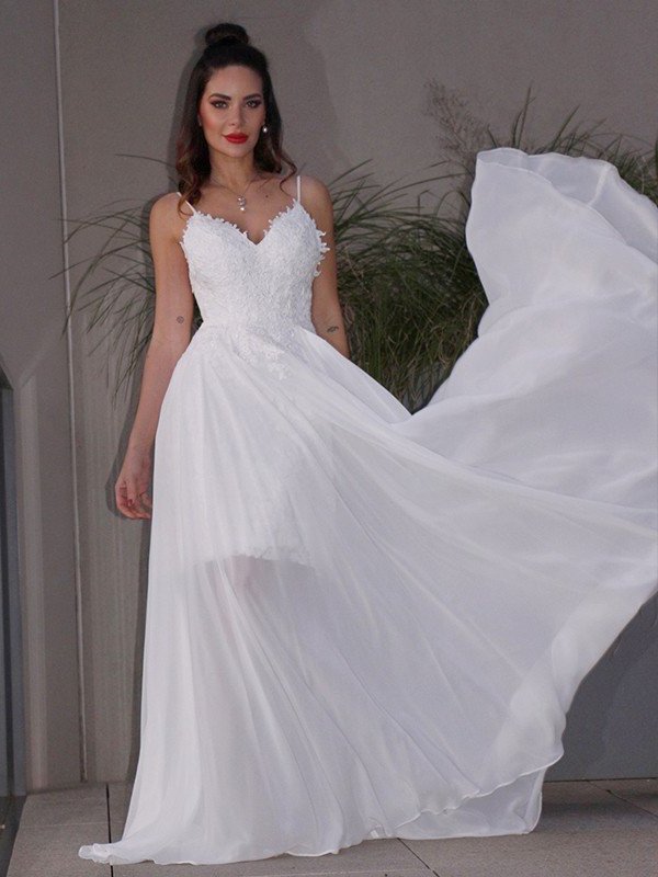 Applique Chiffon V-neck Sleeveless Sweep/Brush A-Line/Princess Train Wedding Dresses