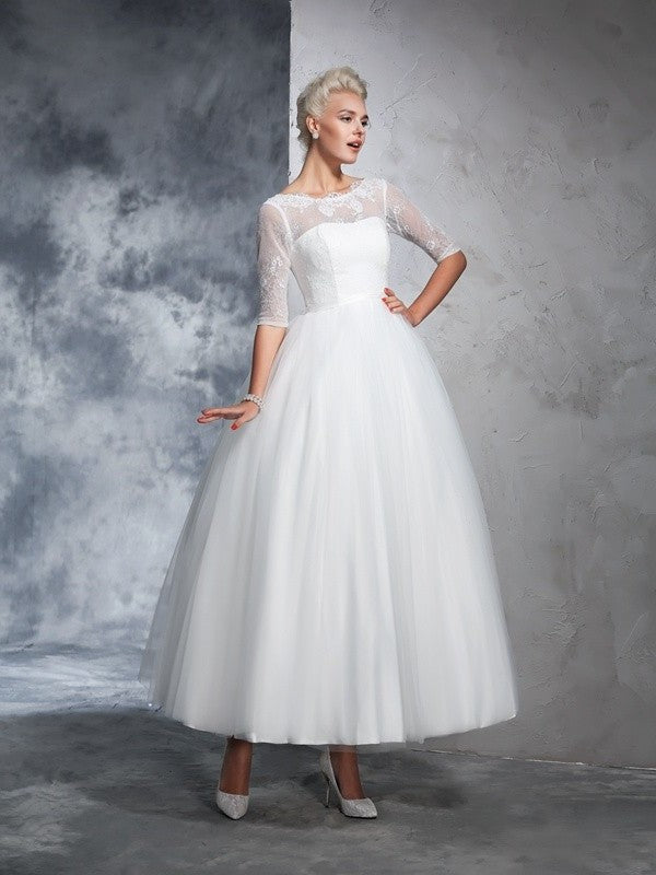Bateau Sleeves Ball Lace Gown Long 1/2 Net Wedding Dresses