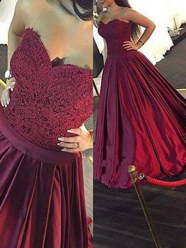 Ball Gown Lace Sleeveless Sweetheart Floor-Length Satin Dresses
