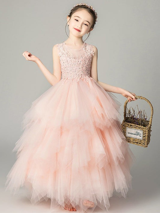 Tulle A-Line/Princess Scoop Sleeveless Applique Floor-Length Flower Girl Dresses