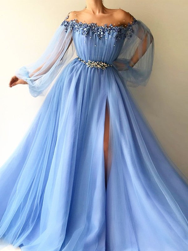 A-Line/Princess Long Off-the-Shoulder Sleeves Tulle Beading Floor-Length Dresses