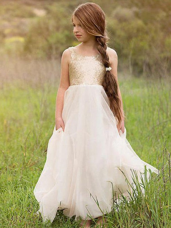 Sleeveless Tulle Sequin Scoop Floor-Length A-Line/Princess Flower Girl Dresses