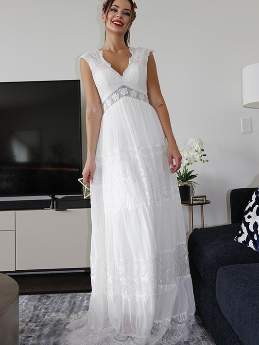 Ruched Sleeves Short V-neck Lace A-Line/Princess Floor-Length Wedding Dresses